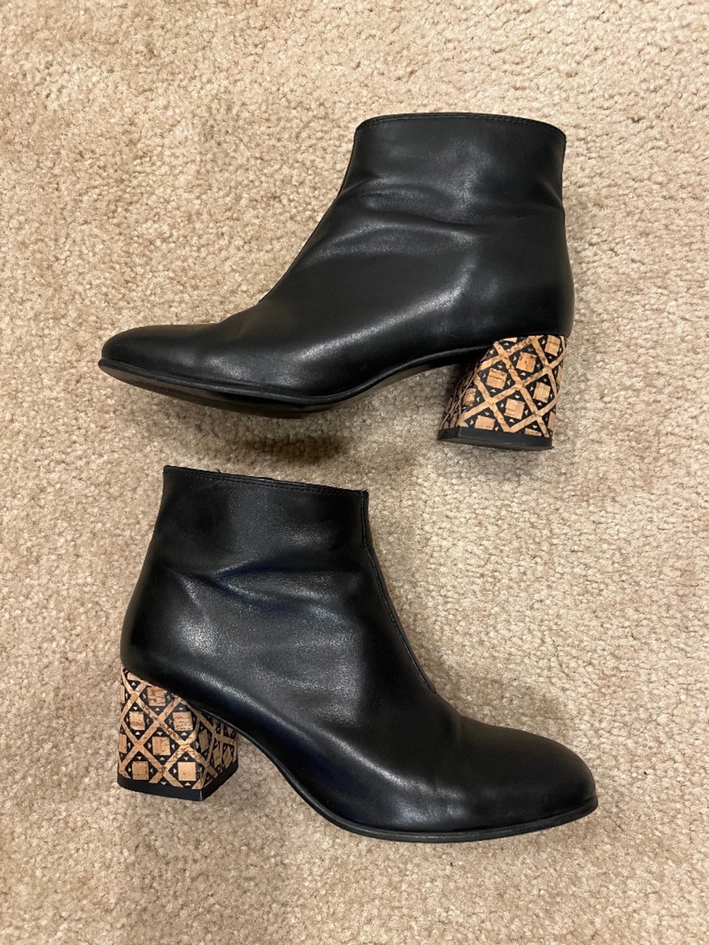 Elena Italian Leather Ankle Boots Geometric Cork Block Heel Black EU 38